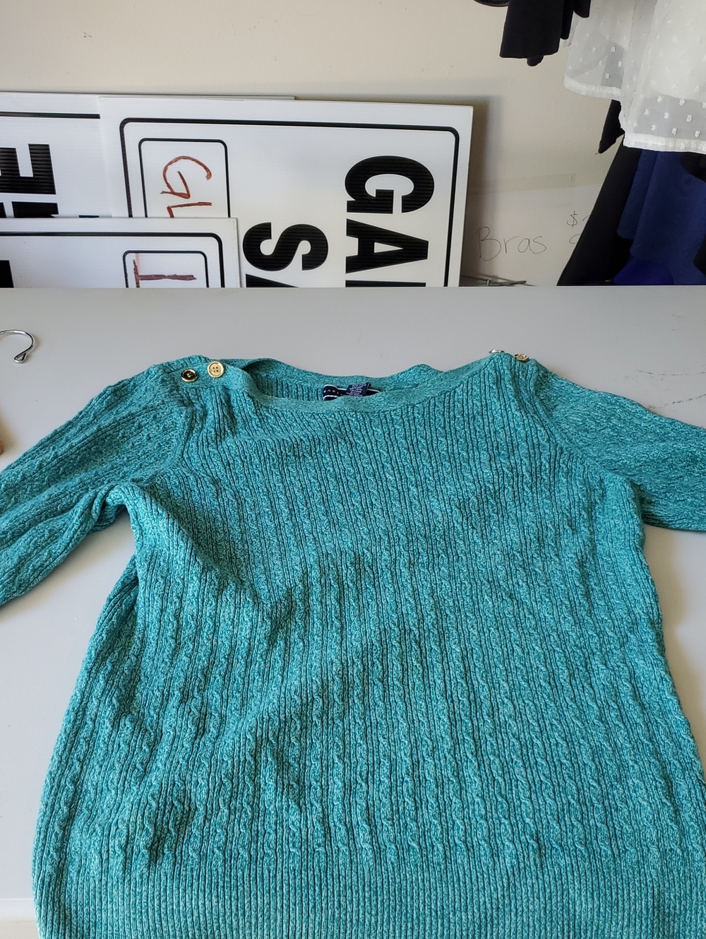 Karen Scott Teal Cable-Knit Cotton Crewneck Sweater with Gold Shoulder Buttons